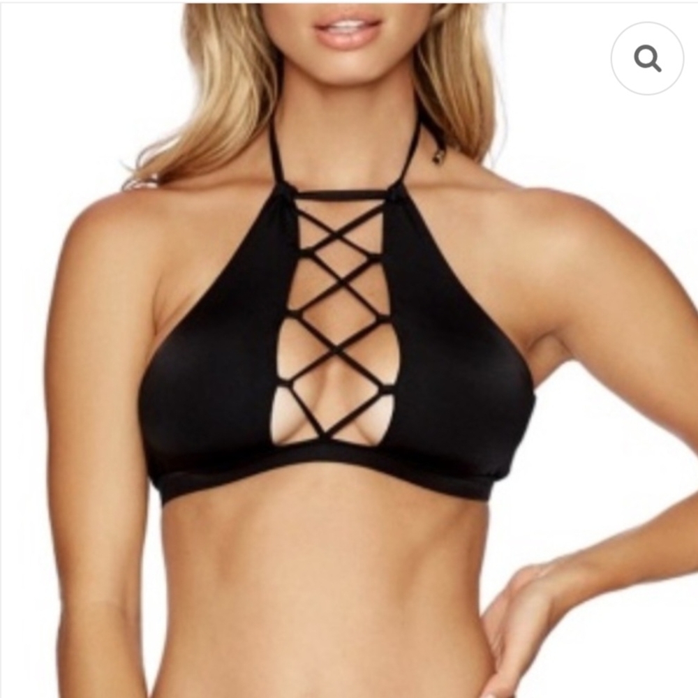 Beach BUNNY reese Black Halter Bikini Top with Crisscross Design